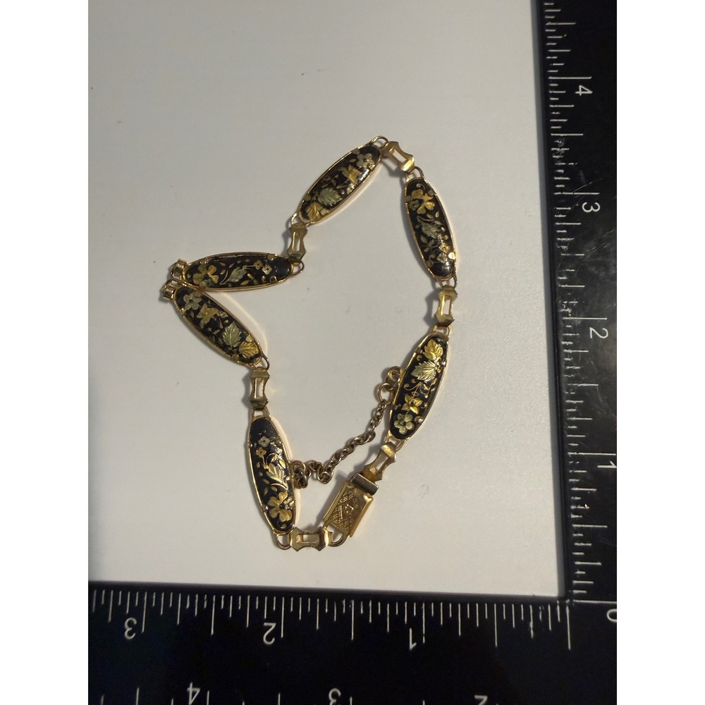 Amita Damascene Bracelet Vintage Japanese 24K Gold Silver Inlay Floral Link 7in